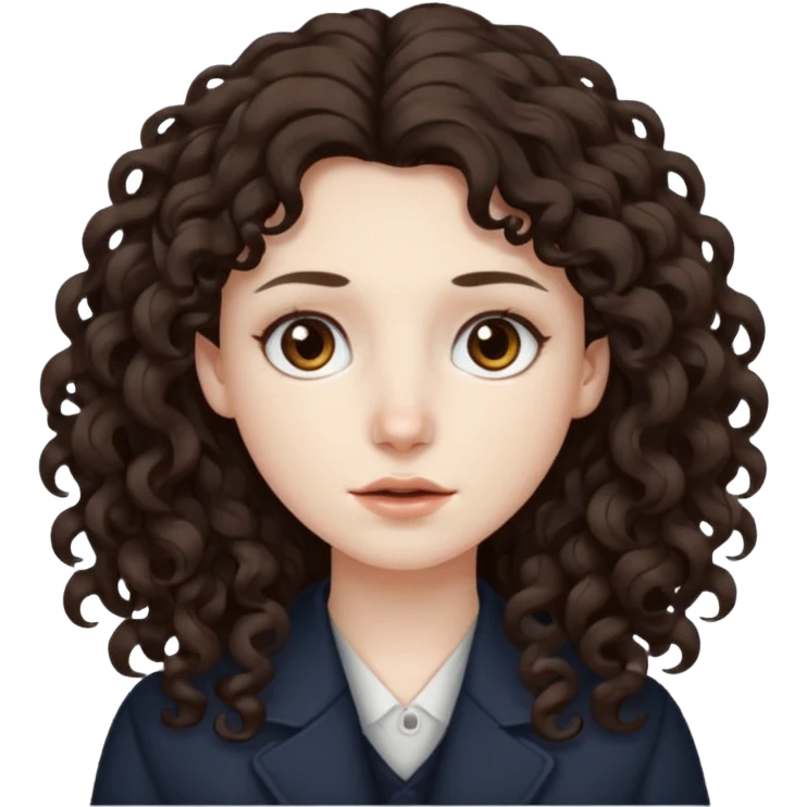 Pale skin, long curly dark brown hair, medium brown eyes. emoji