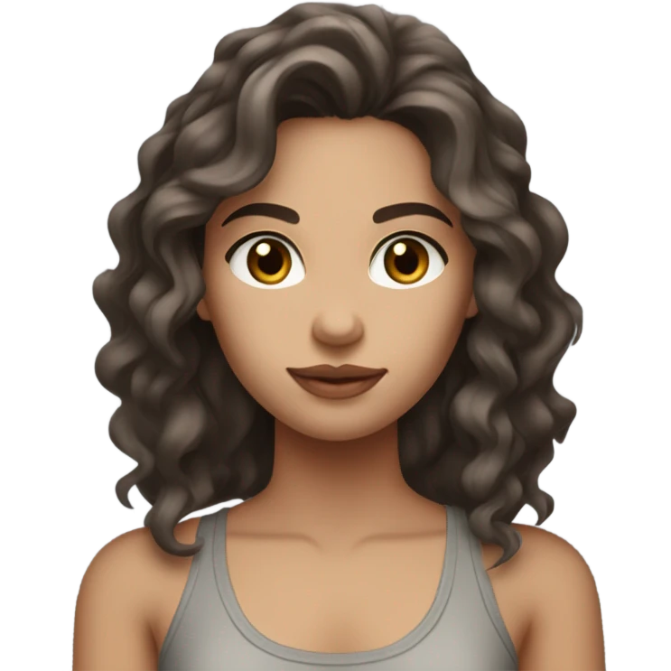 wavy hair brunette with a grey tank top, light skin and  dark brown eyes  emoji
