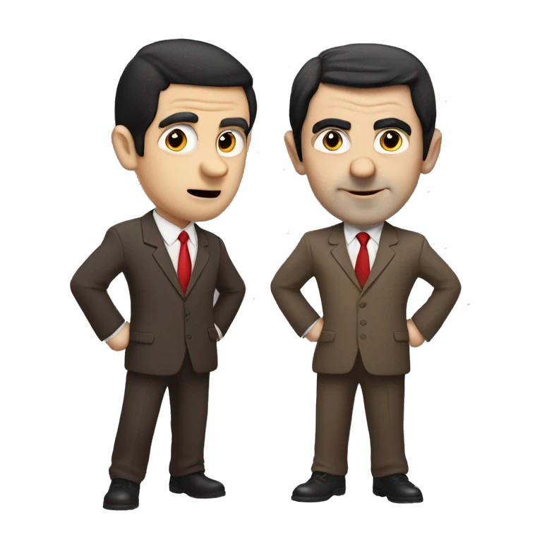 white man black hair in brown suit with red tie, dresses similar to mr bean emoji