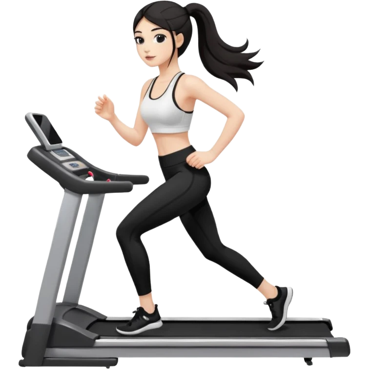 Девушка белокожая на беговой дорожке, с длинными темными волосами, в одежде для йоги - черные лосины, белый короткий топ на тонких лямках, с черными ресницами emoji