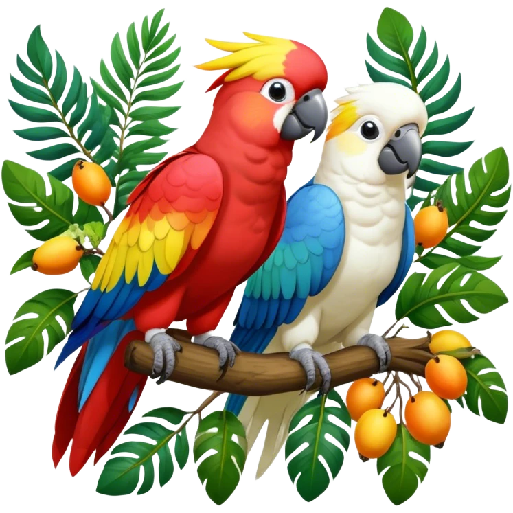 Close-up of colorful parrots Ara and Cockatoo Inca perched on tree branches, surrounded by lush greenery. Bright, vivid feathers contrast with the natural background of trees, leaves, fruits. Soft natural light, enhancing vibrant colors. Transparent background. emoji
