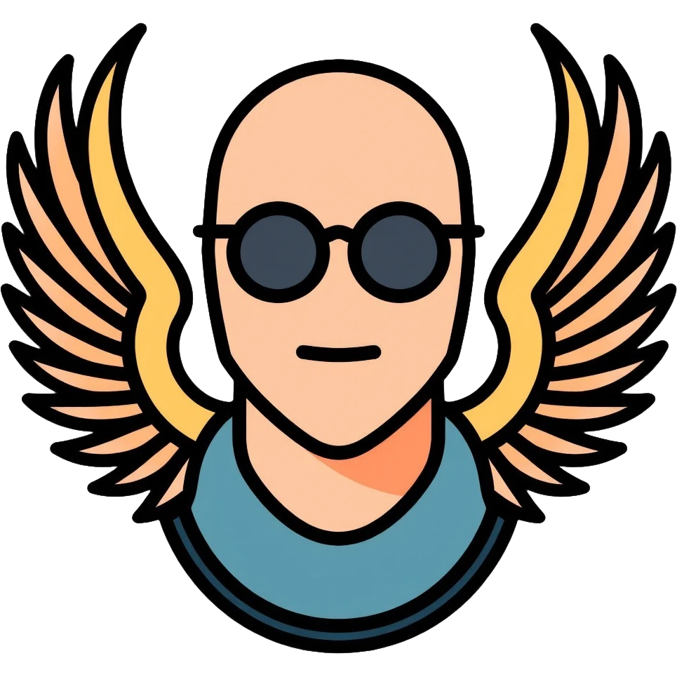 bald man with black sunglasses and wings emoji