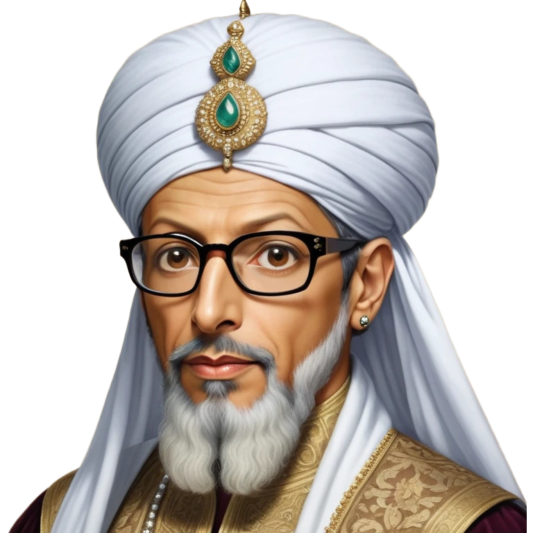 Jeff Goldblum without glasses as a regal portrait dressed as _cinematic-realistic-portrait-of-suleiman-the-magnificent,-depicted-as-a-regal-ottoman-sultan-adorned-with-a-large,-white,-round,-tall-turban-and-a-majestic-grey-beard,-his-commanding-gaze-bathed-in-warm,-historic-lighting-that-exudes-timel emoji