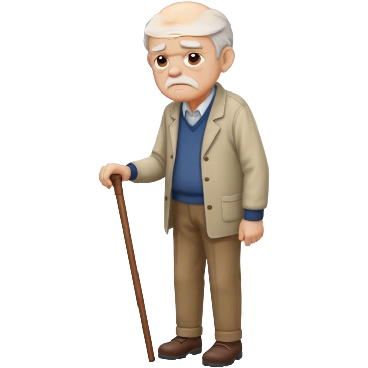 Old man leaning on a walking cane and holding his crancky back with his hand, grumpy face, detailed emoji