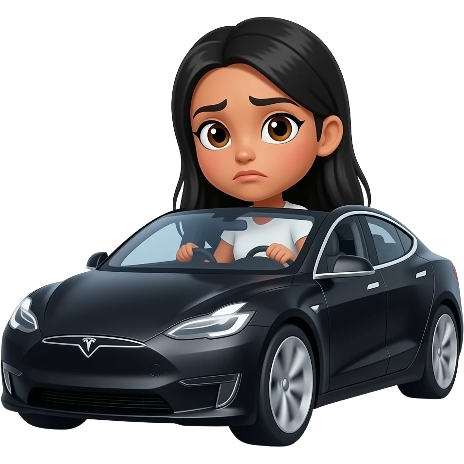 ligh medium skin tone confused sassy girl with long black hair and brown eyes driving black tesla fast emoji