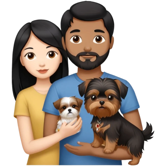 A beautiful Asian girl with long black hair is holding a Yorkshire Terrier. She is standing next to her brown skinned boyfriend, who is holding a Shih Tzu. They are each holding one dog each emoji