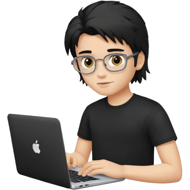 generate a pretty fair bratz boy with a messy mullet (black hair), wearing a black tshirt. Using his laptop emoji