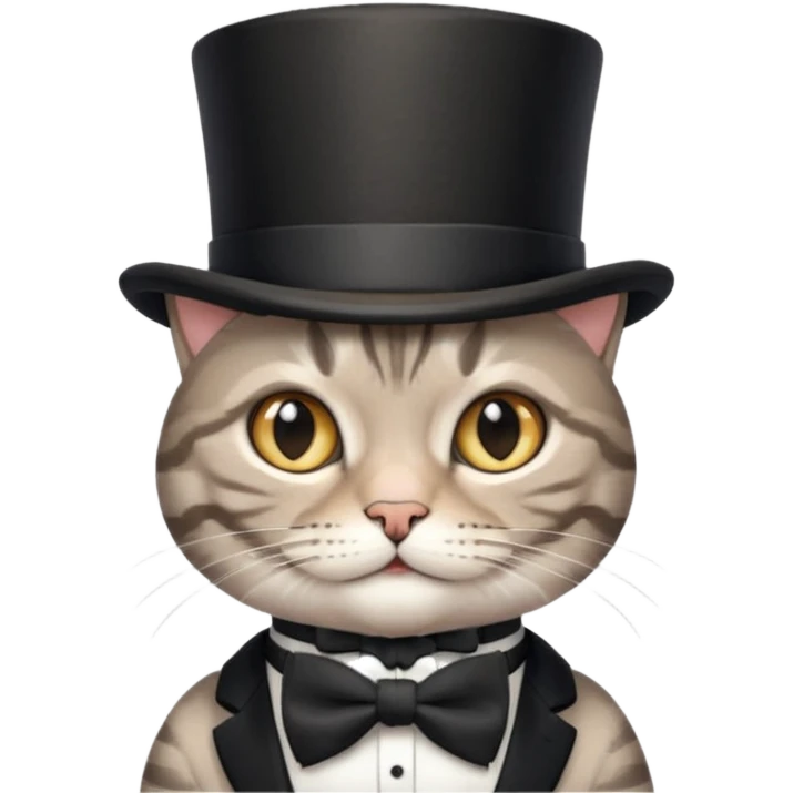 Grey tabby cat in top hat and bow tie emoji