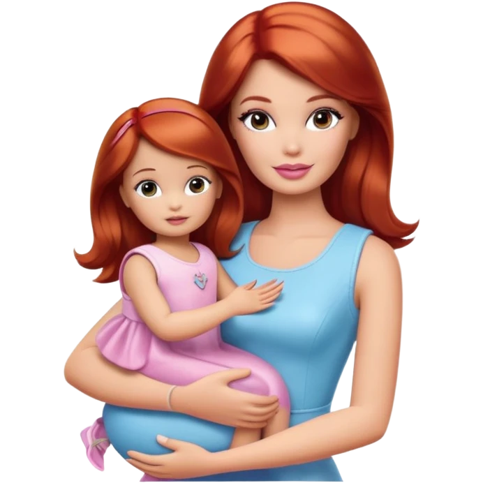 Barbie girl with makeup with brown hair with baby daughter girl with red hair by the hand emoji