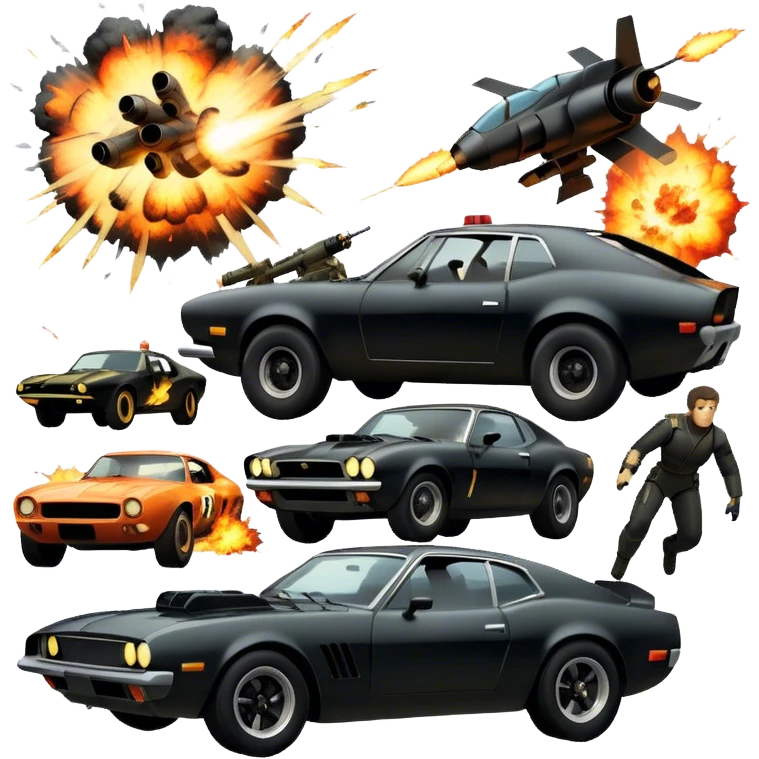 Photorealistic Icon for Action Movies: Dynamic collage of iconic action movie scenes featuring explosions, fast cars, combat, and weapons. Include silhouettes of famous action heroes, dramatic lighting, and a sense of high-octane energy. Transparent background. emoji