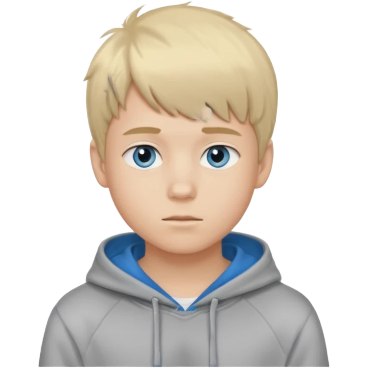 Teen boy with blue eyes and Grey hoodie standing up with blond short hair and fluffy bangs emoji