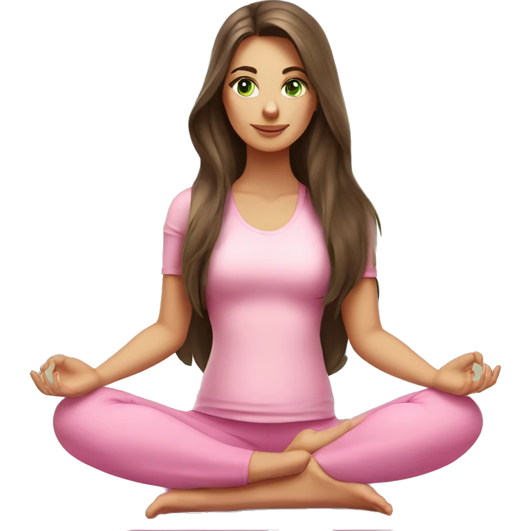 Brunette long hair and green eyes yoga beautiful girl in light pink pink pink clothes sitting on a yoga mat emoji