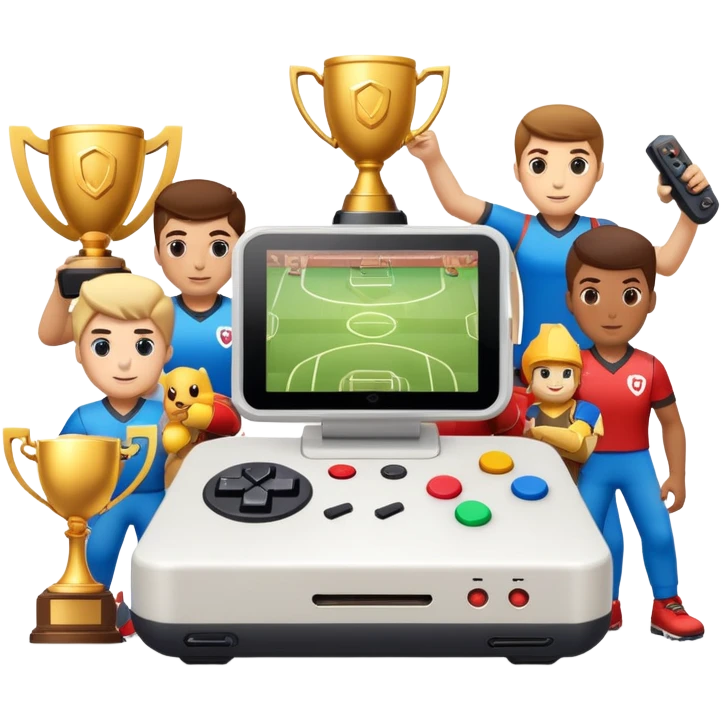 Gaming console with 'qbix88' displayed on screen, surrounded by trophy, controller and team of players emoji