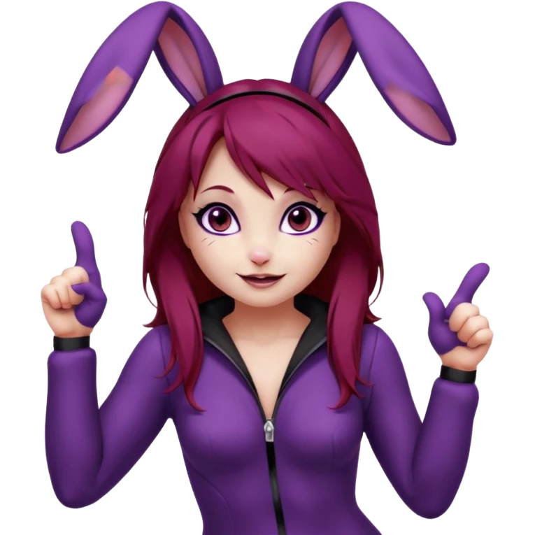 Bunny girl, with dark red crimson hair color, and black bunny ears. Deep purple eyes. Wears a classic bunny suit. List of expressions:
Disappointed expression
Thumbs up with a happy face
Happy face with sparkly eyes
Surprised face like " O_O "
silly and cute dead on the ground with X's on eyes. emoji