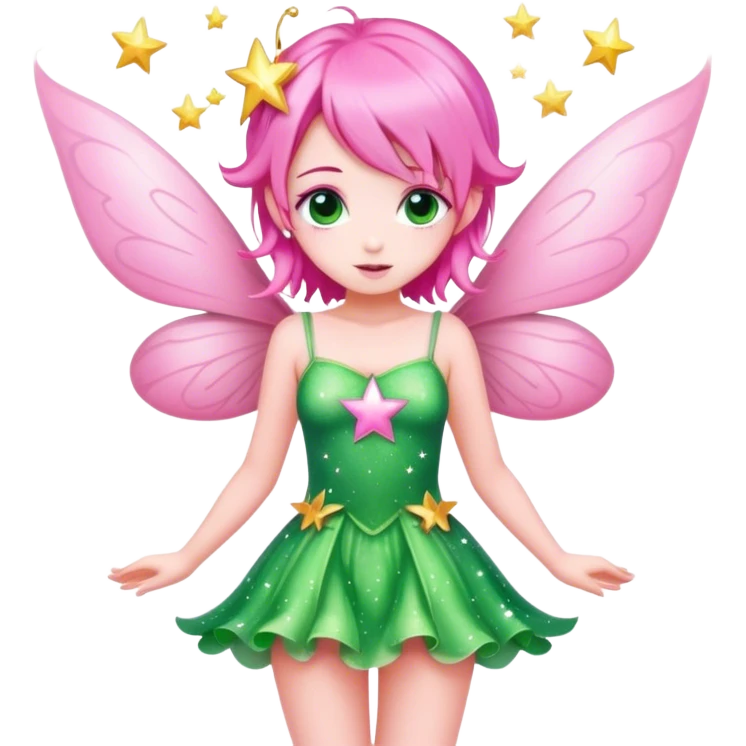 pink fairy with pink hair and pink wings in green dress sparkle stars emoji