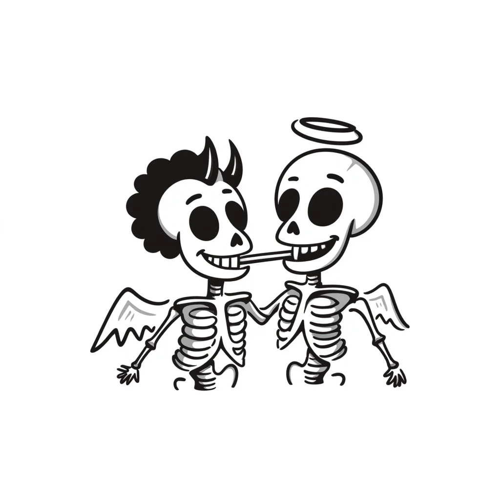 skeleton with half devil, half angel features, saying 'sh', expressive, clear pose, hand drawn doodle style emoji