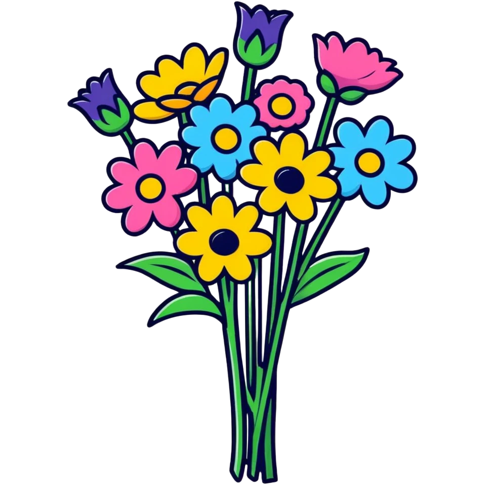 A "get well soon" bouquet of colorful flowers with a small card emoji