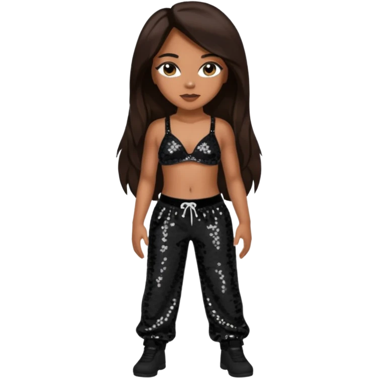 Aaliyah with long dark brown hair, black sequin bra, black sequin baggy pants emoji