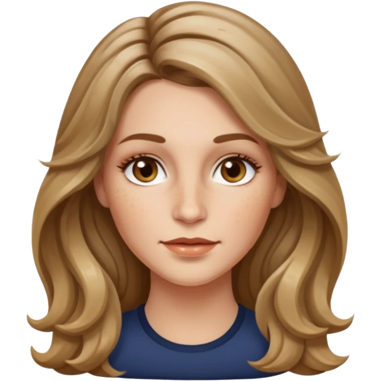 long dark Blond with highlights wavy hair white women, oval shape face hazel eyes long lashes little bit of freckles on the nose high cheek bones emoji