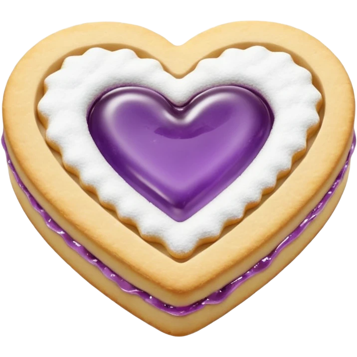 Realistic shortbread cookie in the shape of a heart with Pale Purple color jelly middle filling and sprinkled powder sugar on top. emoji