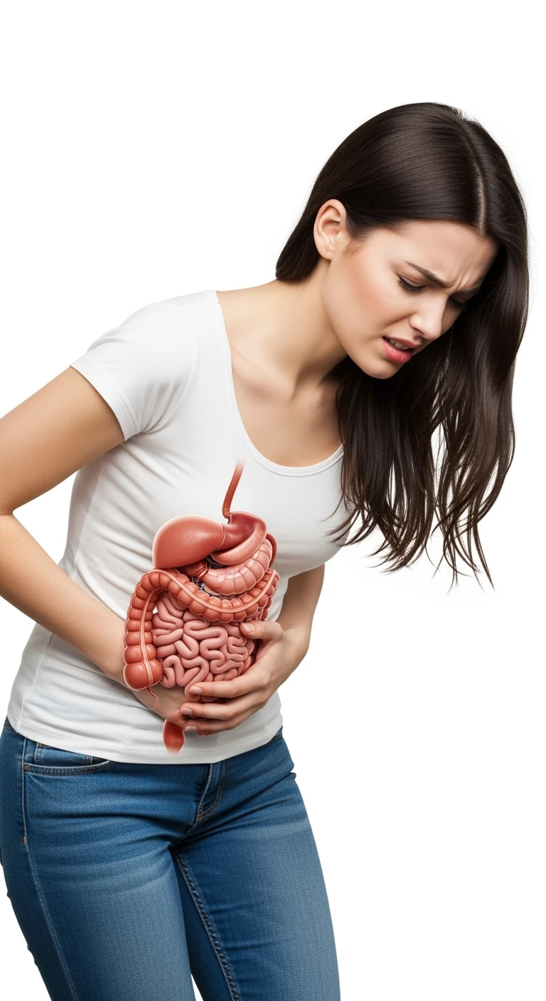 donna giovane piegata in avanti con mal di pancia e INTESTINO UMANO ANATOMICO IN EVIDENZA, iperrealistica 4k, ISOLATA SU SFONDO BIANCO emoji