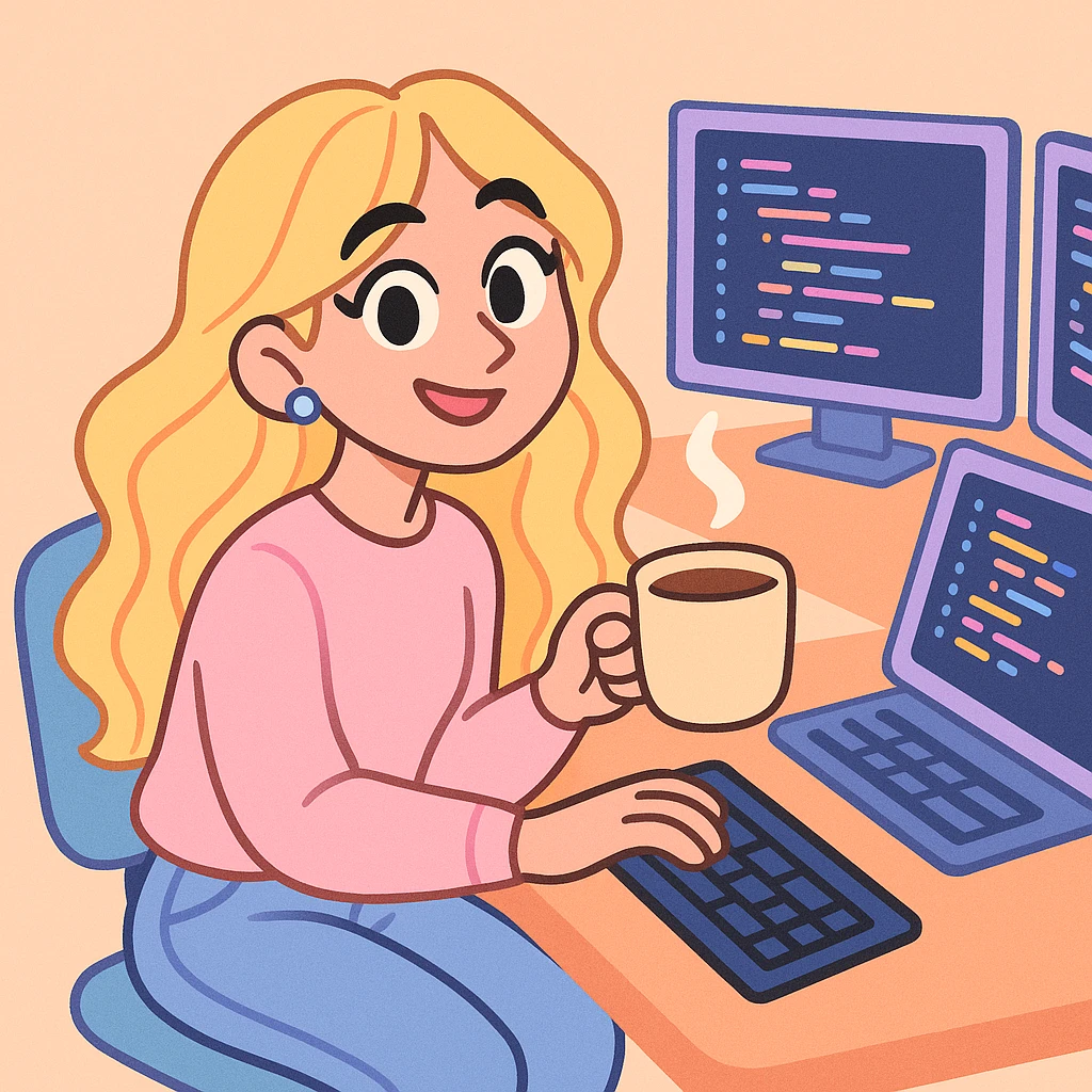 Sabrina Carpenter as a programmer, holding a coffee mug, multiple monitors with code, relaxed and creative, pastel tones emoji