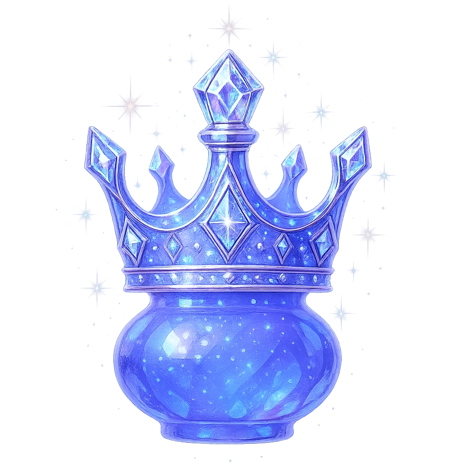 crown-shaped luxurious elixir bottle, unmistakably crown-like silhouette (not a flask), color #7986cb, multi-layered holographic and silver details, intricate crystal facets, magical radiant glowing and sparkling effects, seamless and beautifully joined rounded and closed bottom (not flat or open), very small neck, transparent background, floating clearly in air, not standing, no base or shadow, modern, extremely beautiful, matching a collection emoji