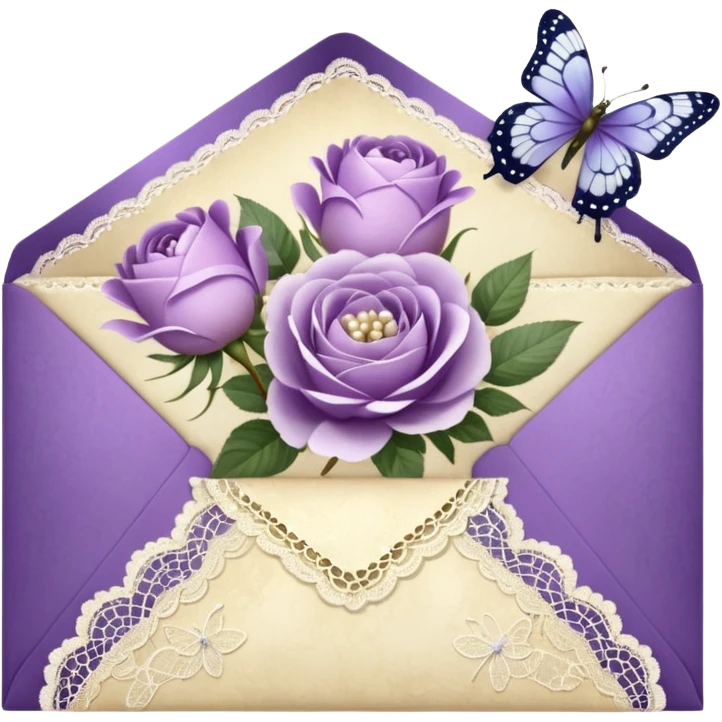 A delicate still life of an aged love letter sealed with golden wax, placed on a vintage lace doily, accompanied by a bouquet of pale purle roses and white peonies, with a shimmering pearl butterfly resting on the envelope. emoji
