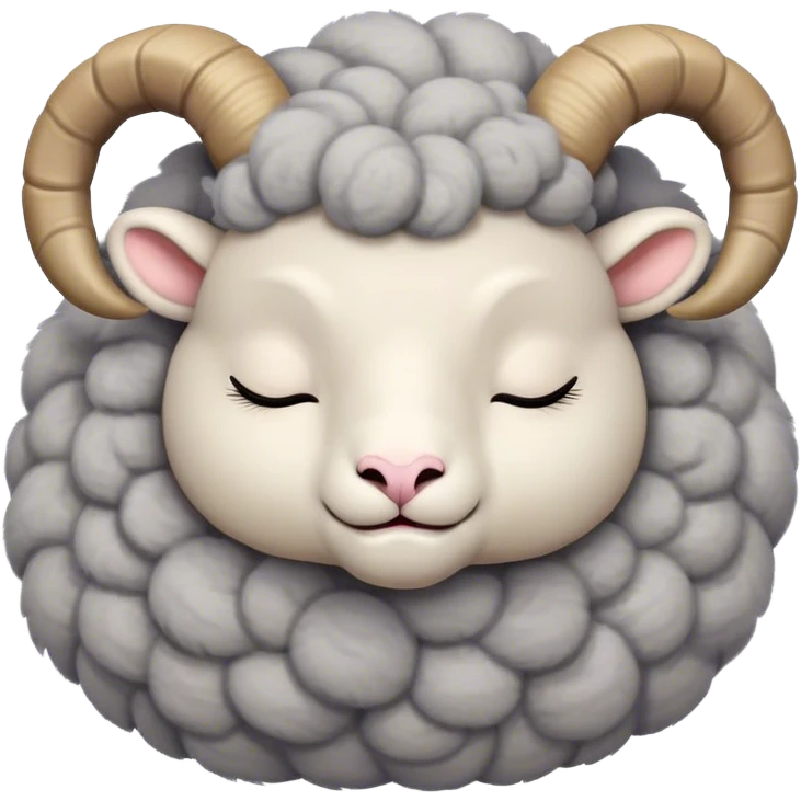 Meme-Worthy Cute Sleeping Ram Portrait Emoji, Head resting peacefully with a contented smile, showcasing a robust build and a luxuriously soft woolly grey fur with gently curled horns, eyes shut in a serene, restful nap, Simplified yet hilariously adorable features, highly detailed, glowing with a soft, drowsy light, high shine, relaxed and utterly lovable, stylized with an air of playful laziness, bright and heartwarming, soft glowing outline, capturing the essence of a comically sleepy ram, so meme-worthy it feels like it could instantly become the next viral sensation of adorable slumber! emoji