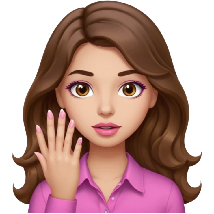 girl with long wavy brown hair, brown eyes, light to medium complexion, in a pink shirt, pink lips, long lashes, puckered lips,  showing  long finger nails emoji