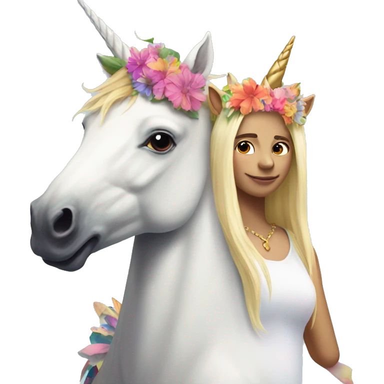 unicorn with rainbow horn with a blond woman with a flower crown riding it emoji