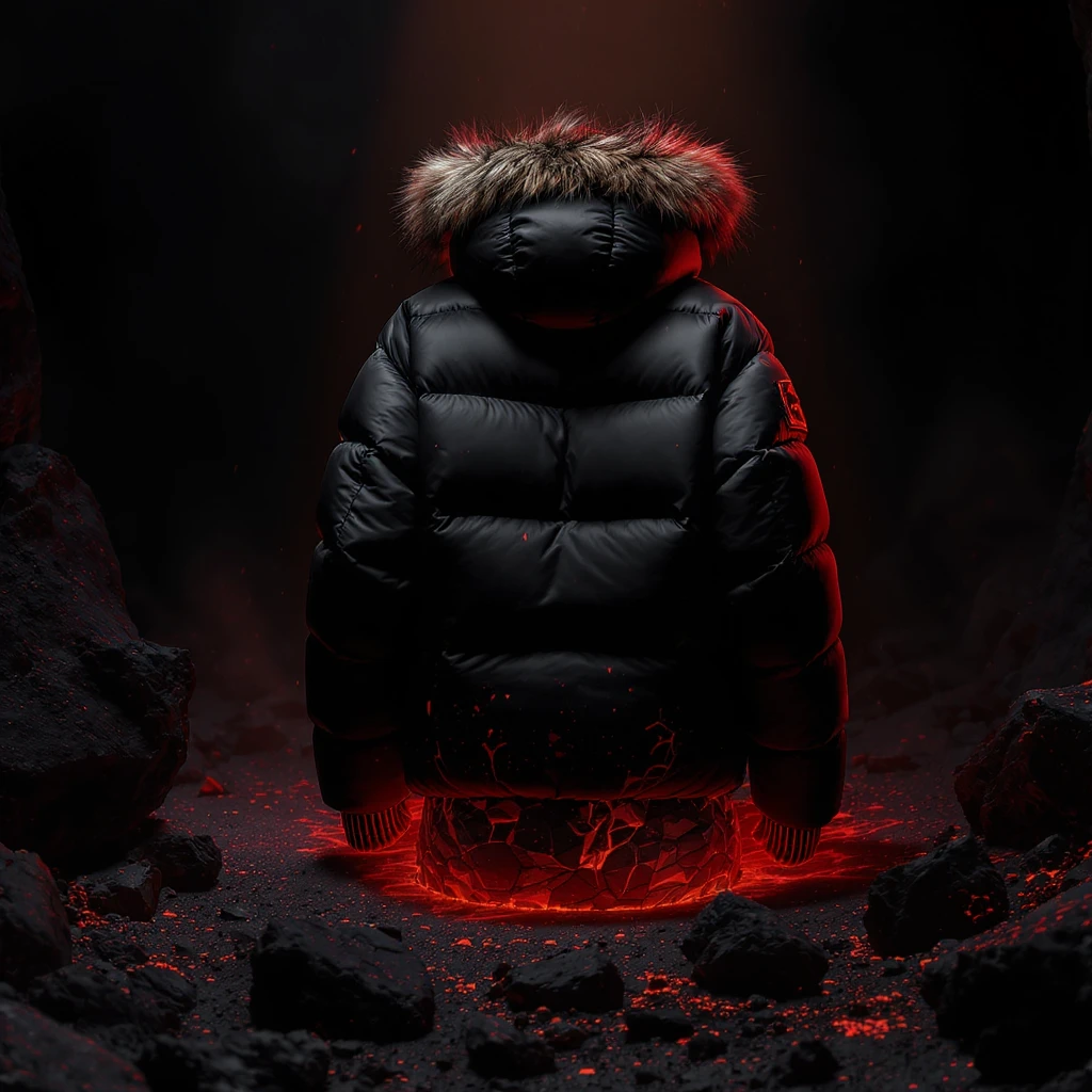 cinematic still of a black puffer jacket around black stone with red coal temeperature environment, back red light emoji