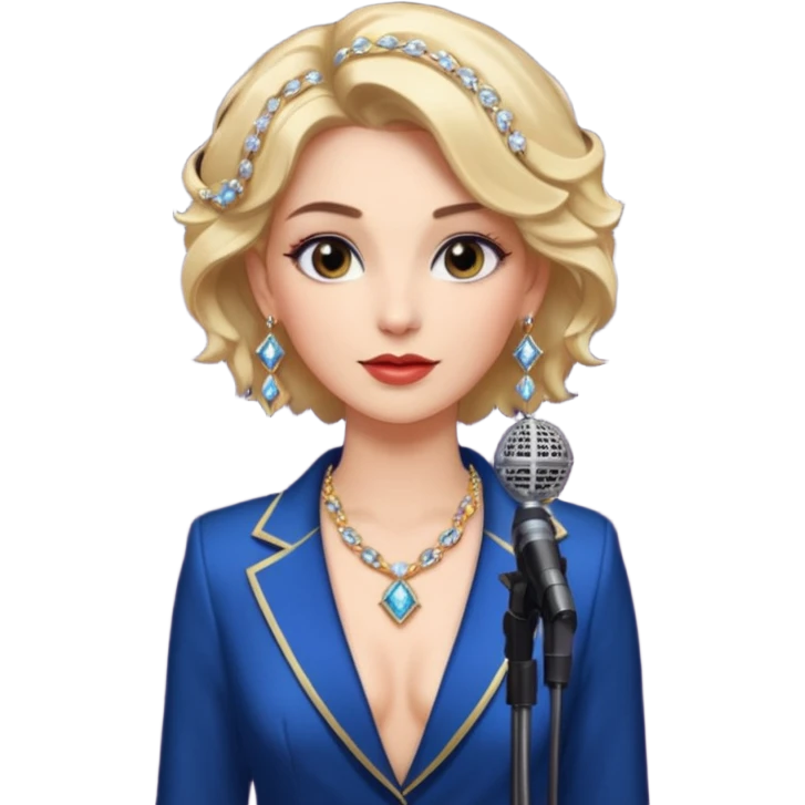 Девушка одета дорого, стоит на сцене. Рядом микрофон, свет софитов, камеры  emoji