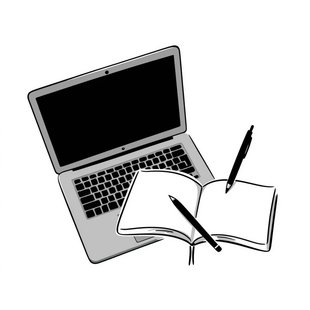 top view of a MacBook and a notebook with a pen nearby emoji