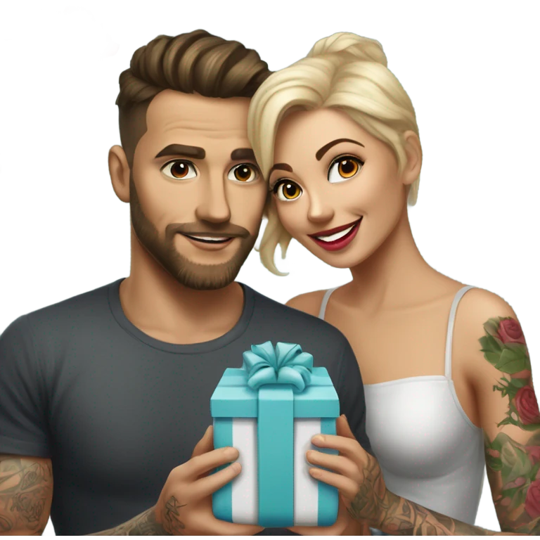 Hyper Realistic beautiful woman receiving a gift and a bouquet of roses from a handsome tattooed man  emoji