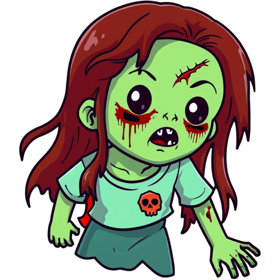 Girl zombie with long flowing brown hair, decaying pale green skin, and creepy undead expression emoji