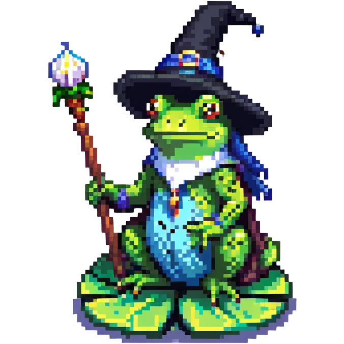 frog wizard sitting on a lily pad in a lake, wearing a wizard hat and holding a magic staff emoji