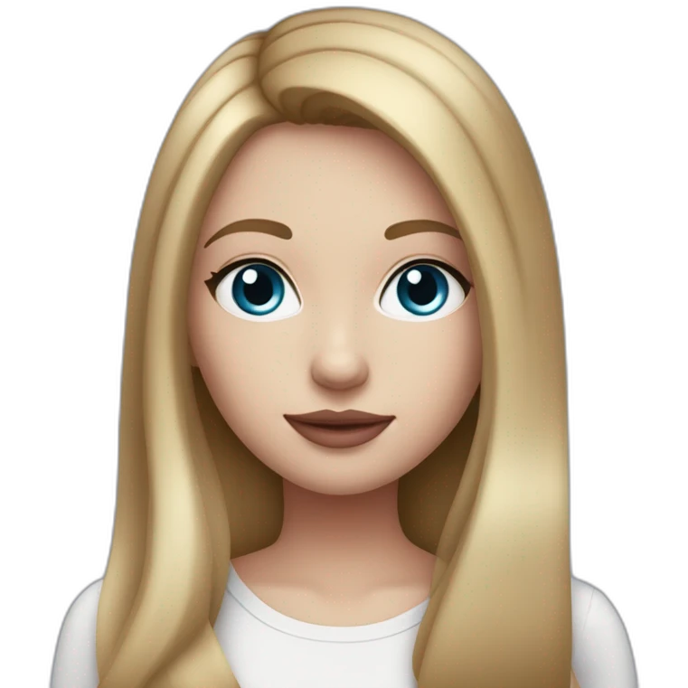 Girl with straight, dark blonde hair, blue eyes, white skin, makeup, rose pink lips, middle part, darker haur emoji