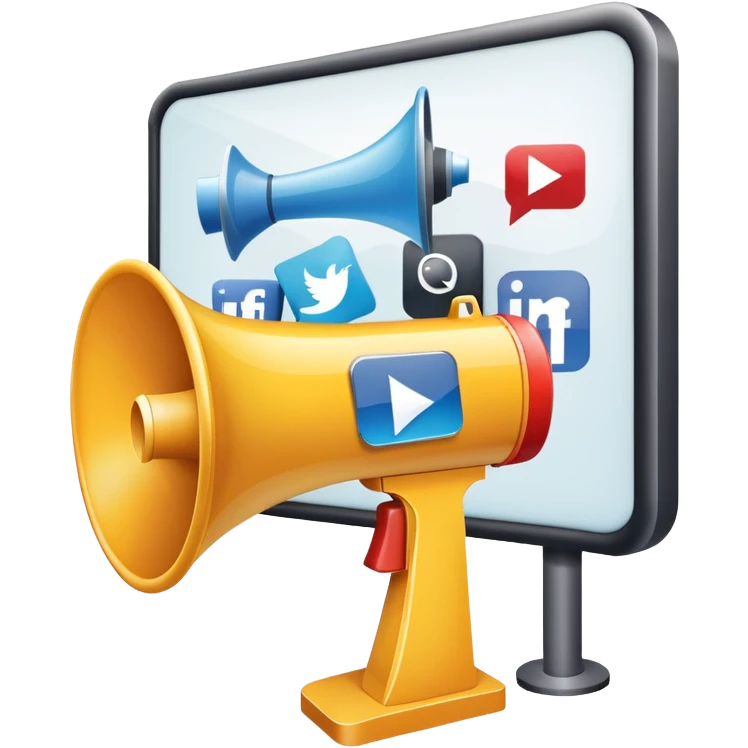 An icon featuring a megaphone, a billboard, and social media icons, symbolizing advertising and public relations. The design includes a press release and a rising graph, representing brand promotion and communication strategies. Transparent background highlights media influence and outreach. emoji