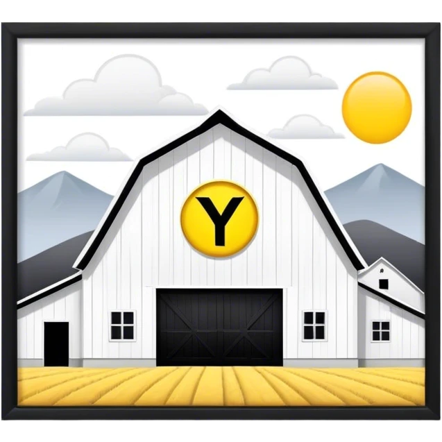 White barn big yellow Y on it outlined in black emoji