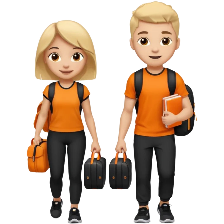 light skin students girl and boy with school bag full of books on back and dumbell in hand. Clothes are in black and orange colours. They are going to the gym emoji