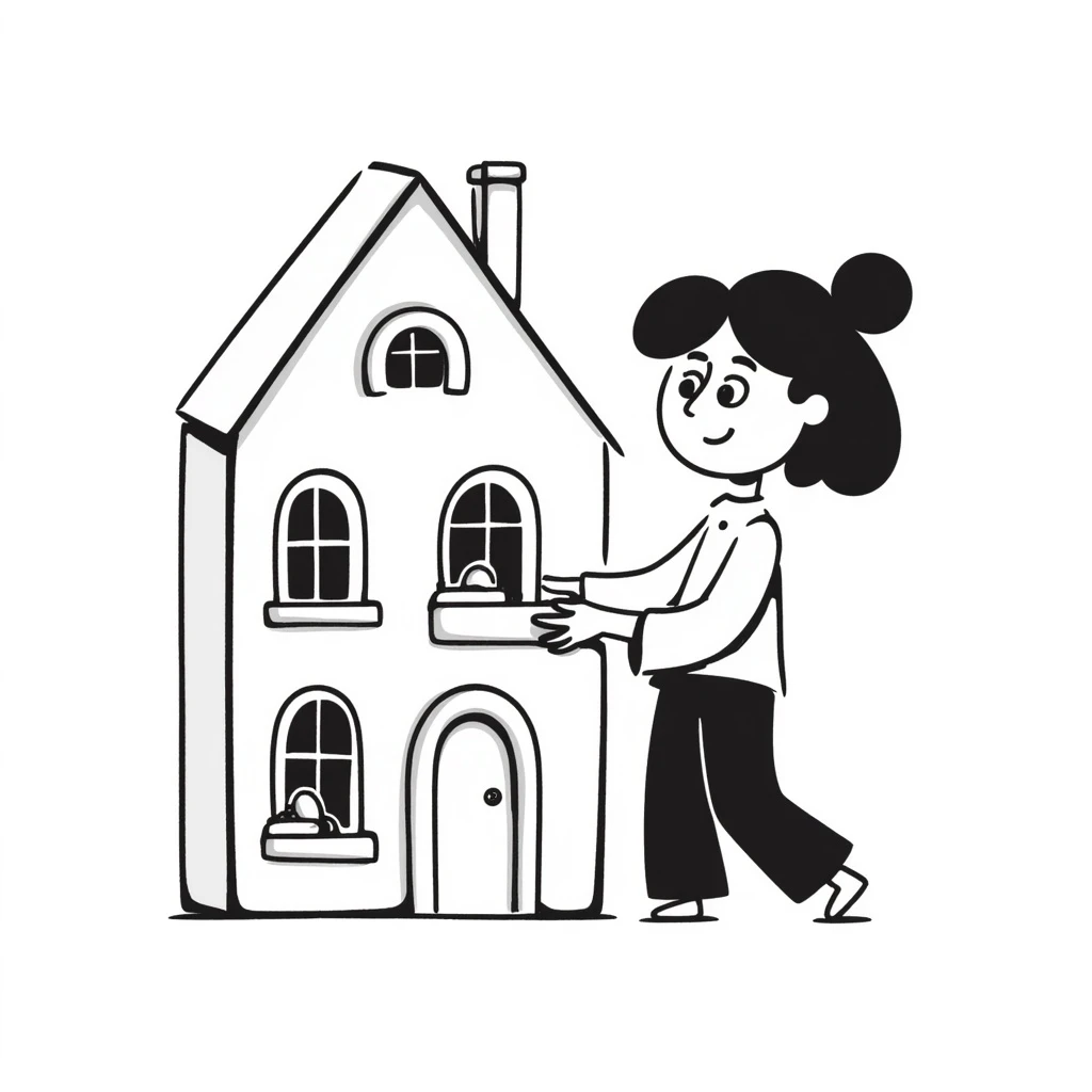 smiling girl arranging furniture in doll house emoji