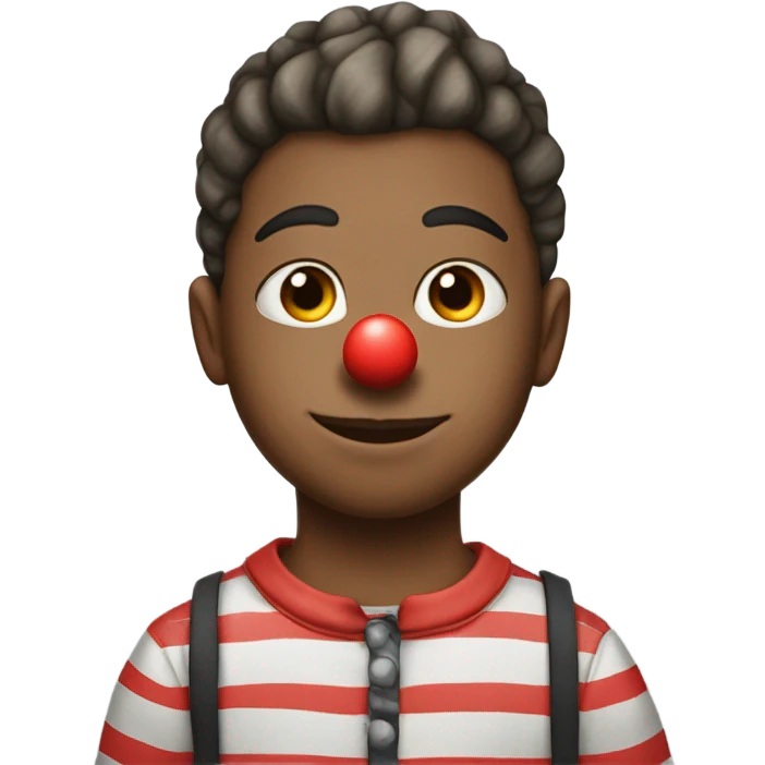 A boy in striped pajamas with the letters “DYLAN” on their forehead wearing a clown nose emoji