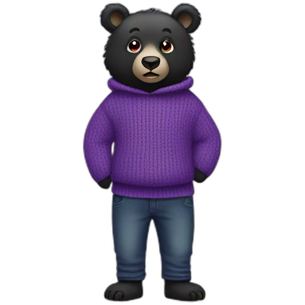 black bear in a purple sweater and purple-black jeans with purple-red eyes emoji