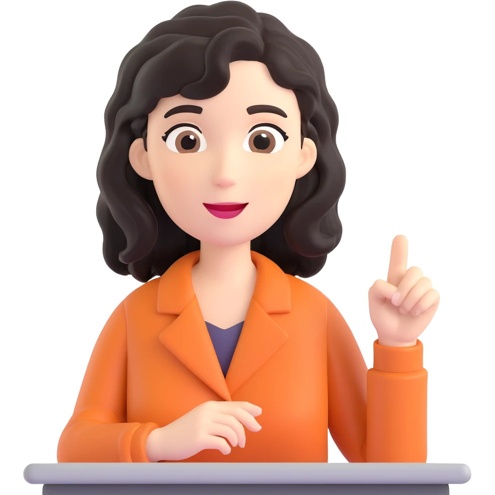 female teacher with black wavy hair, no glasses, teaching and talking emoji