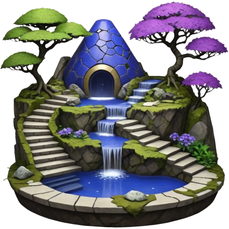 Crashed Alien saucer pool-house jungle winding narrow stairway fountain lakeside mountainside -island getaway nighttime landscape antique mudman very old broken cracked intricate Stone Age lapis-crusted irregular dodecagon-shaped shallow dark moss rough bark violet serissa flowered maple tree bonsai emoji