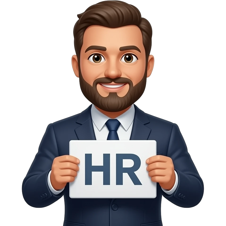 رجل قمحي اللون وله لحية يرتدي بدلة ويحمل علامة H R emoji