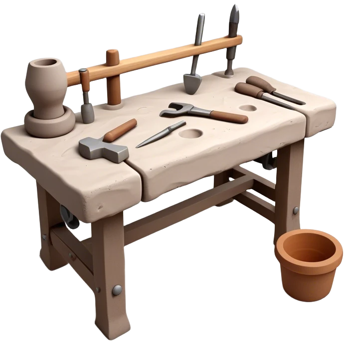 Cinematic Realistic image of a workbench set with a lump of pliable clay and artisanal sculpting tools, rendered with finely detailed textures that reveal subtle clay particles and well-worn tool surfaces, bathed in warm, focused studio lighting emoji