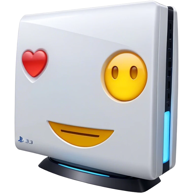 Clash of Clans aesthetic: Cinematic Playful PlayStation 3 Console Portrait Emoji, rendered in a 3D vector-style similar to standard emojis with minimal shading and bold, simplified shapes. A compact, distinct form with signature details, softly glowing with a cutting-edge console technology charm. Simplified yet unmistakably iconic, highly detailed and consistent, glowing with a soft radiance and high shine. Stylized with a touch of technological advancement and a soft glowing outline, capturing the essence of a beloved gaming relic with a friendly, playful manner! emoji