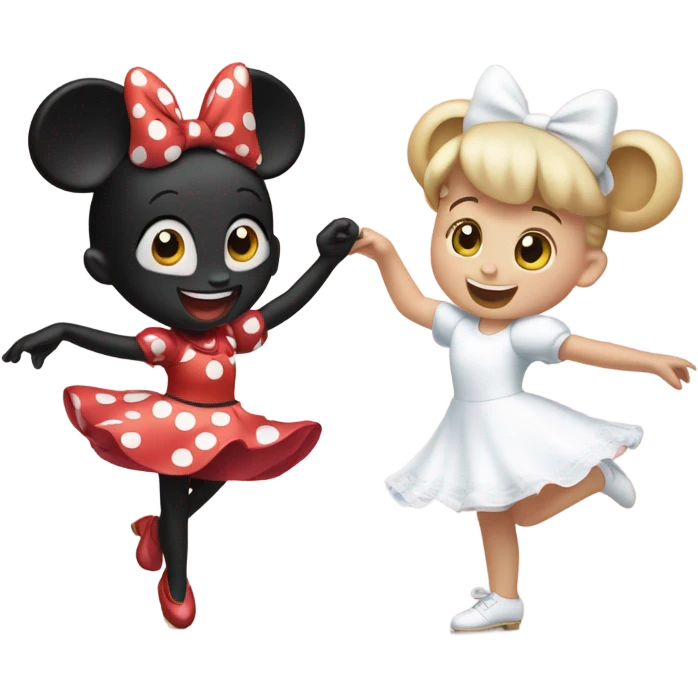 Minnie Mouse with white skin dancing with little girl with white skin and light brown hair dancing  emoji
